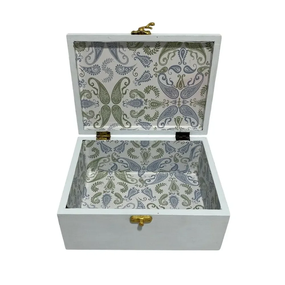 Vintage jewelry trinket keepsake box modified wood painted blue & white crafted
